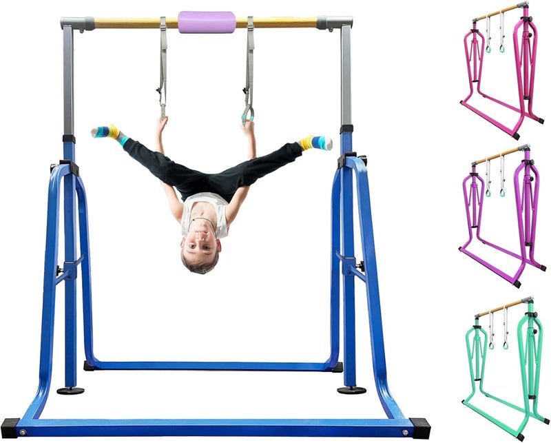 kechery Foldable & Moveable Gymnastics Horizontal Bar with Rings,3’to 5’Adjustable Height Expandable Junior Kip Bar for Home,Indoor Gym Equipment for Kids - Image 1